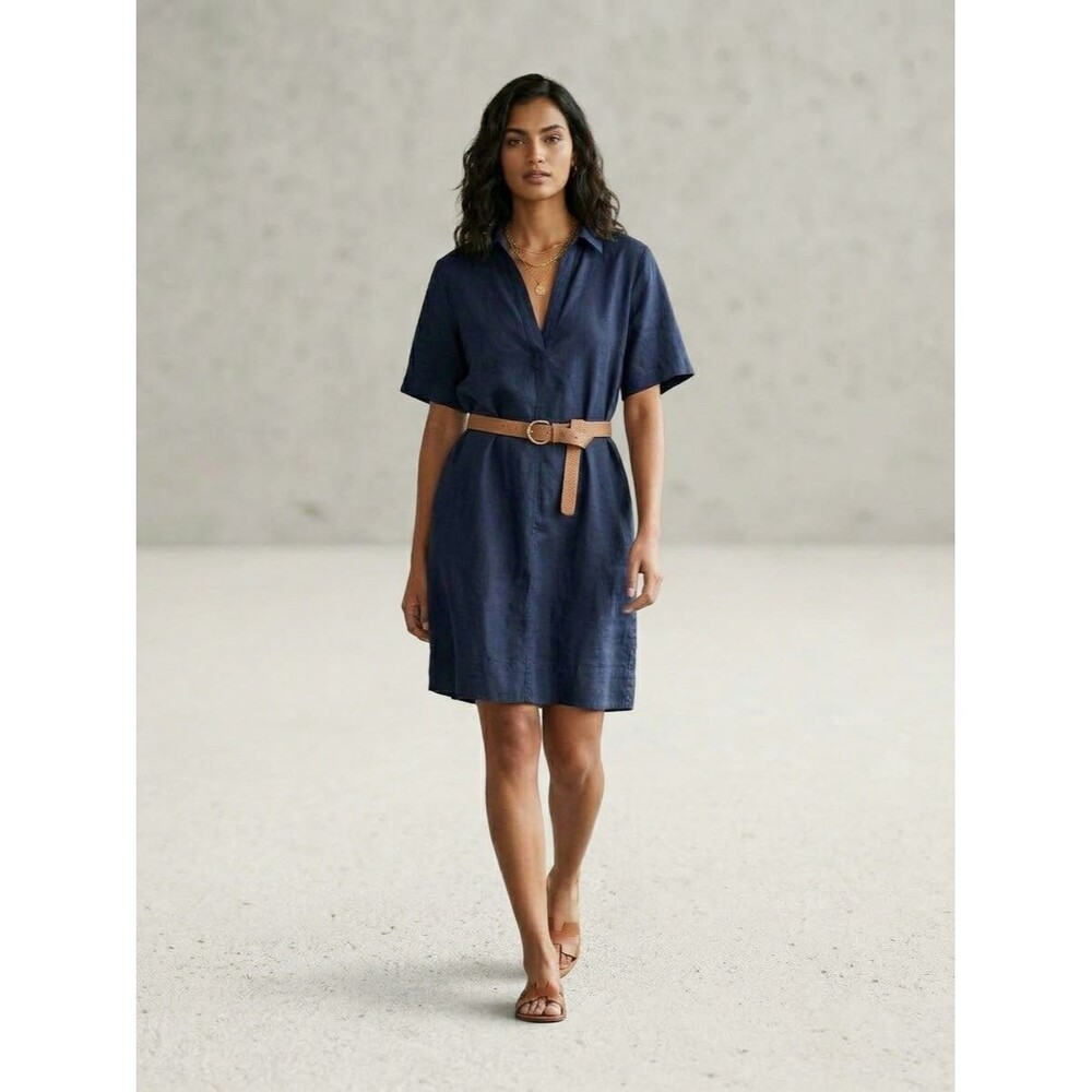 J.Crew Womens Linen Shirt Dress Navy Blue Size LT Large Tall Short Sleeve V-Neck
